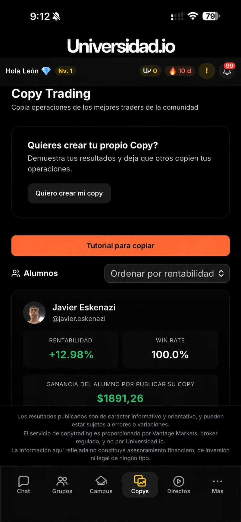 Panel de Copy Trading